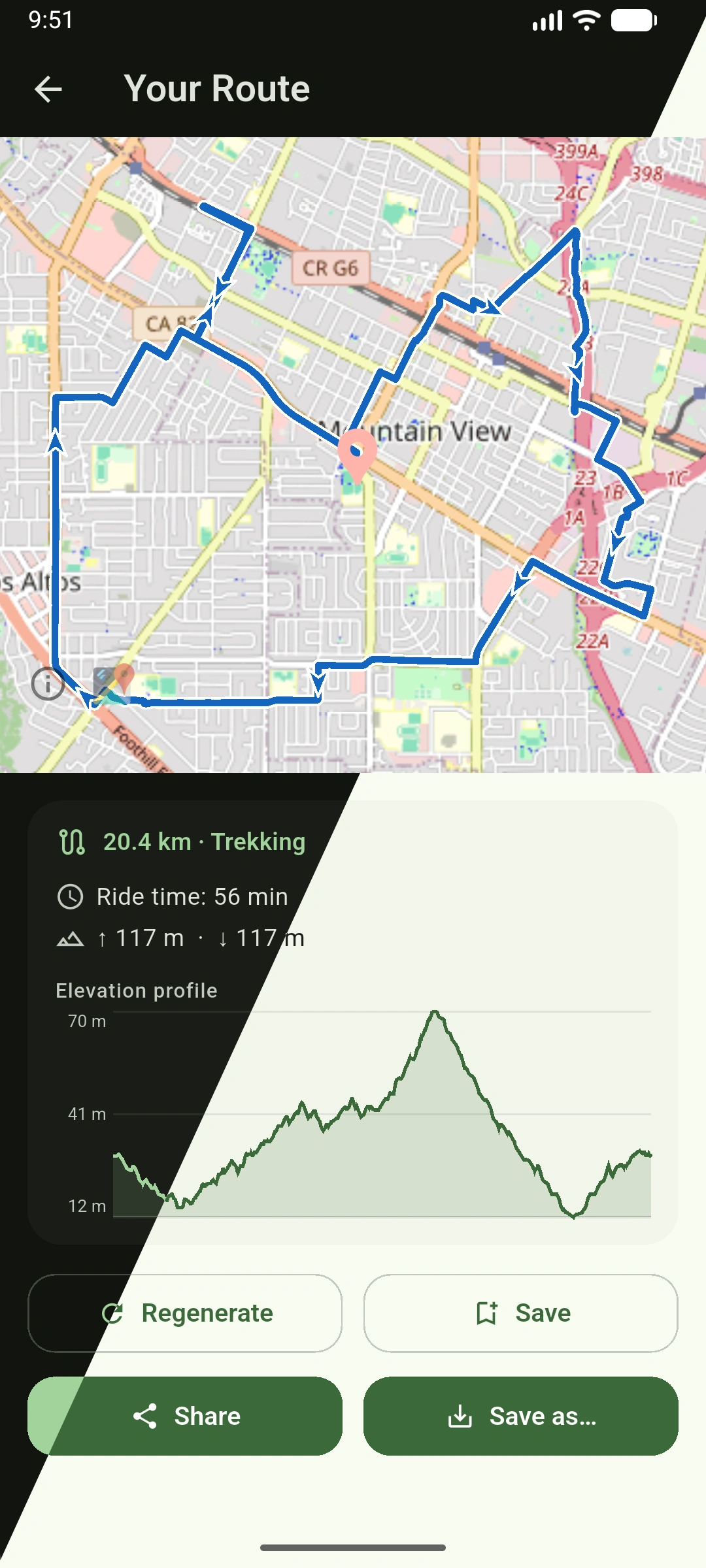 VeloRand App – generierte Rundtour auf der Karte mit Höhenprofil